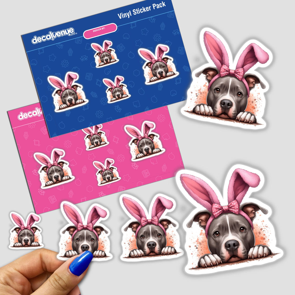 Pink Bunny Ears Peeking Pitbull sticker pack featuring a cartoon dog with pink bunny ears and a bow, blending playful and charming design elements, ideal for unique vinyl sticker collections.