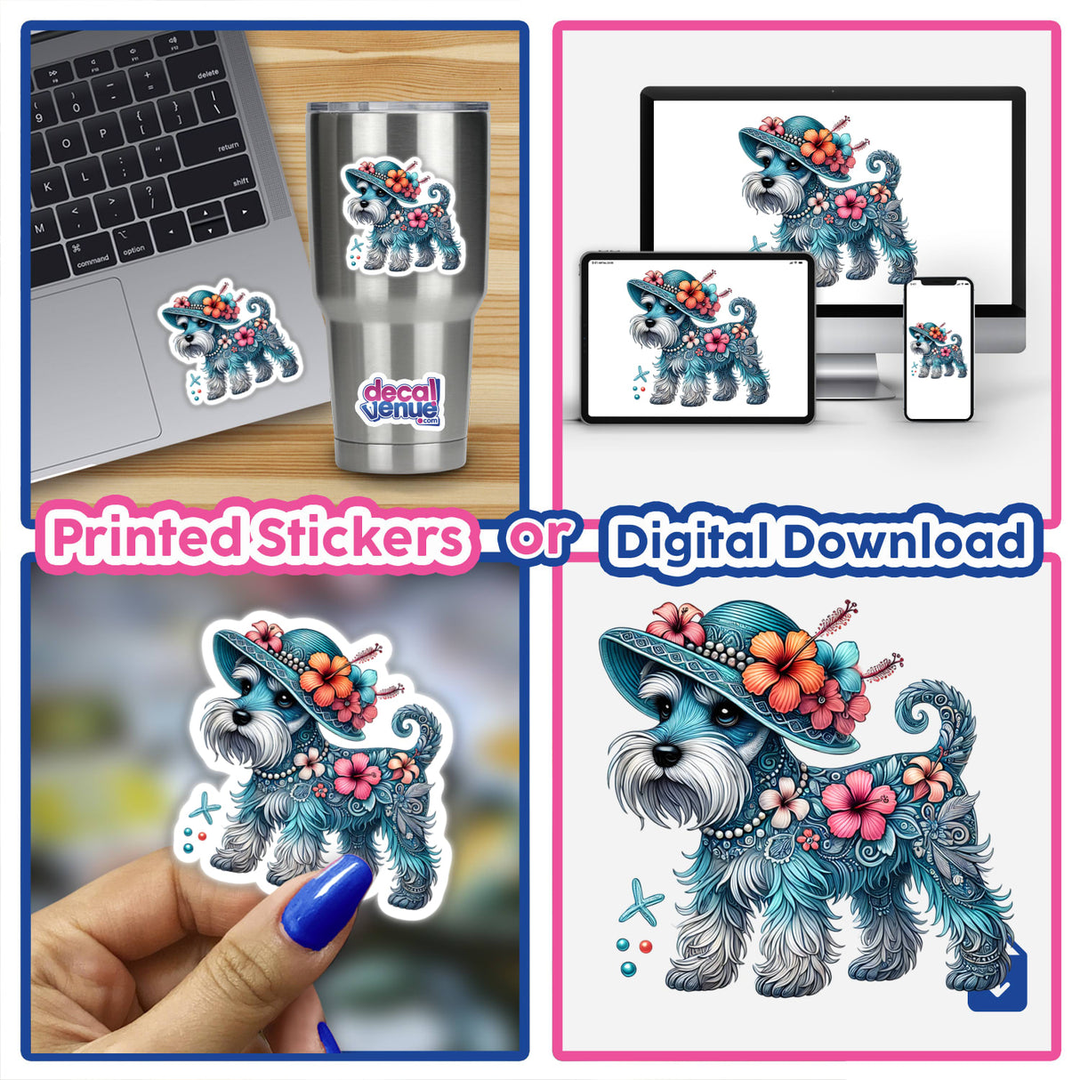 Whimsical schnauzer dog wearing a summer beach hat with hibiscus flowers, available as a printed sticker or digital download from Decal Venue's diverse collection of unique designs.
