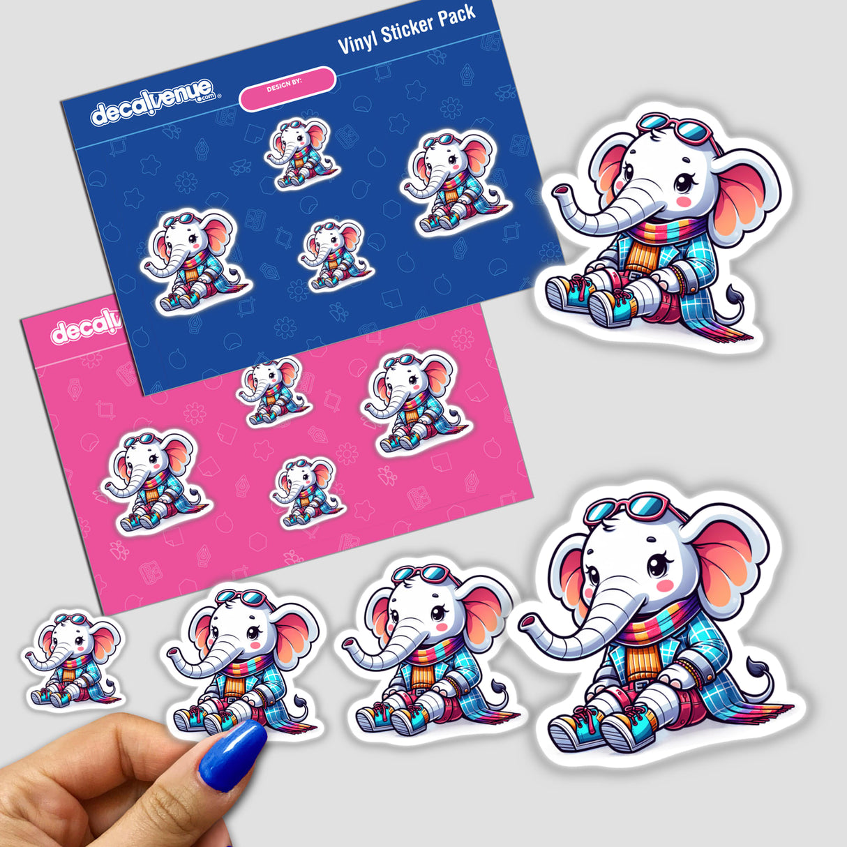 Trendy Elephant stickers featuring adorable cartoon baby elephants in various poses on a pink surface, available as stickers or digital artwork from Decal Venue.