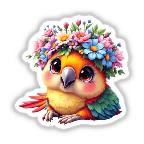 Charming Parrot Wearing a Colorful Flower Crown, showcasing a cartoon bird adorned with vibrant flowers, perfect as stickers or digital art for adding a whimsical touch to any space.