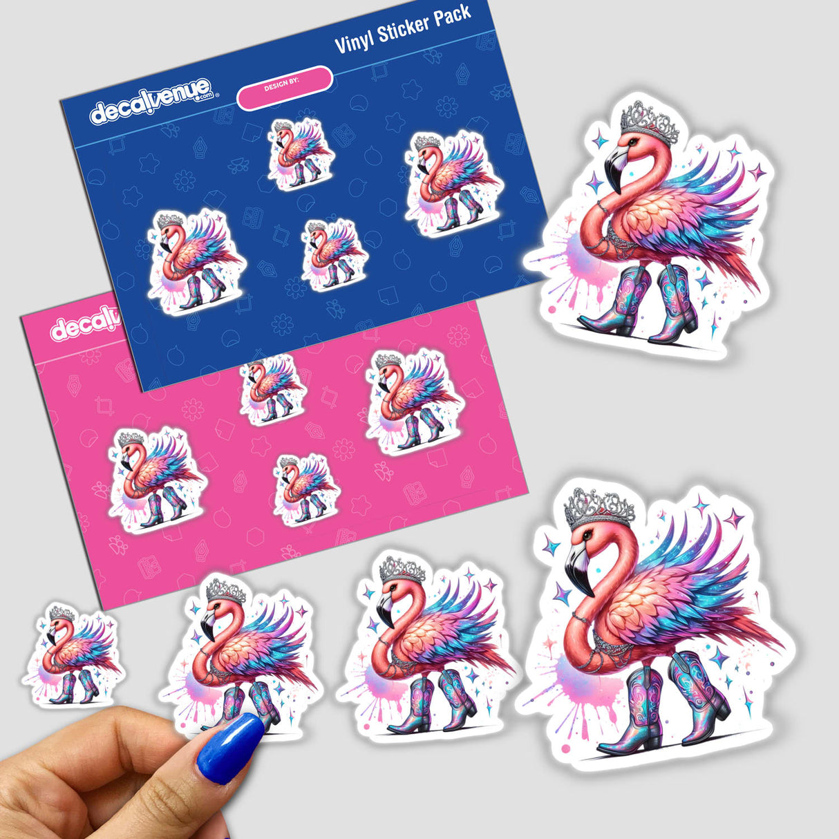 Cowboy Princess Flamingo Bird II sticker, featuring a cartoon flamingo with a crown and boots, held in a hand. Available as a sticker or digital artwork from Decal Venue.