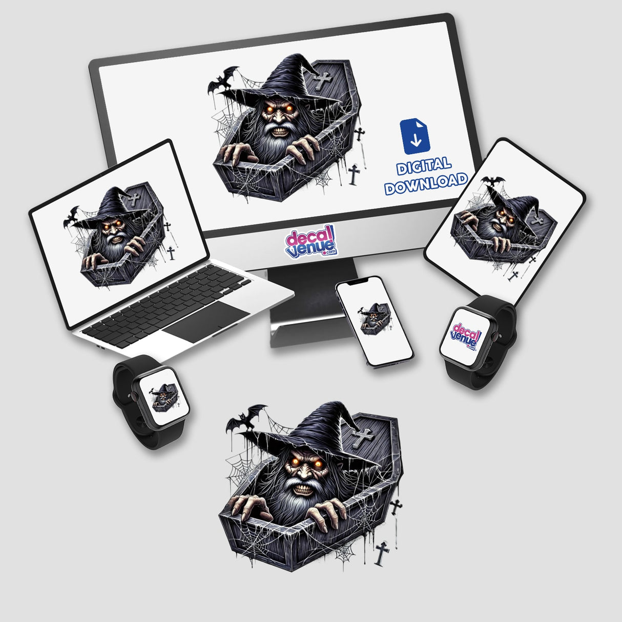 Spooky wizard emerging from coffin digital artwork displayed on various devices and products from Decal Venue store.