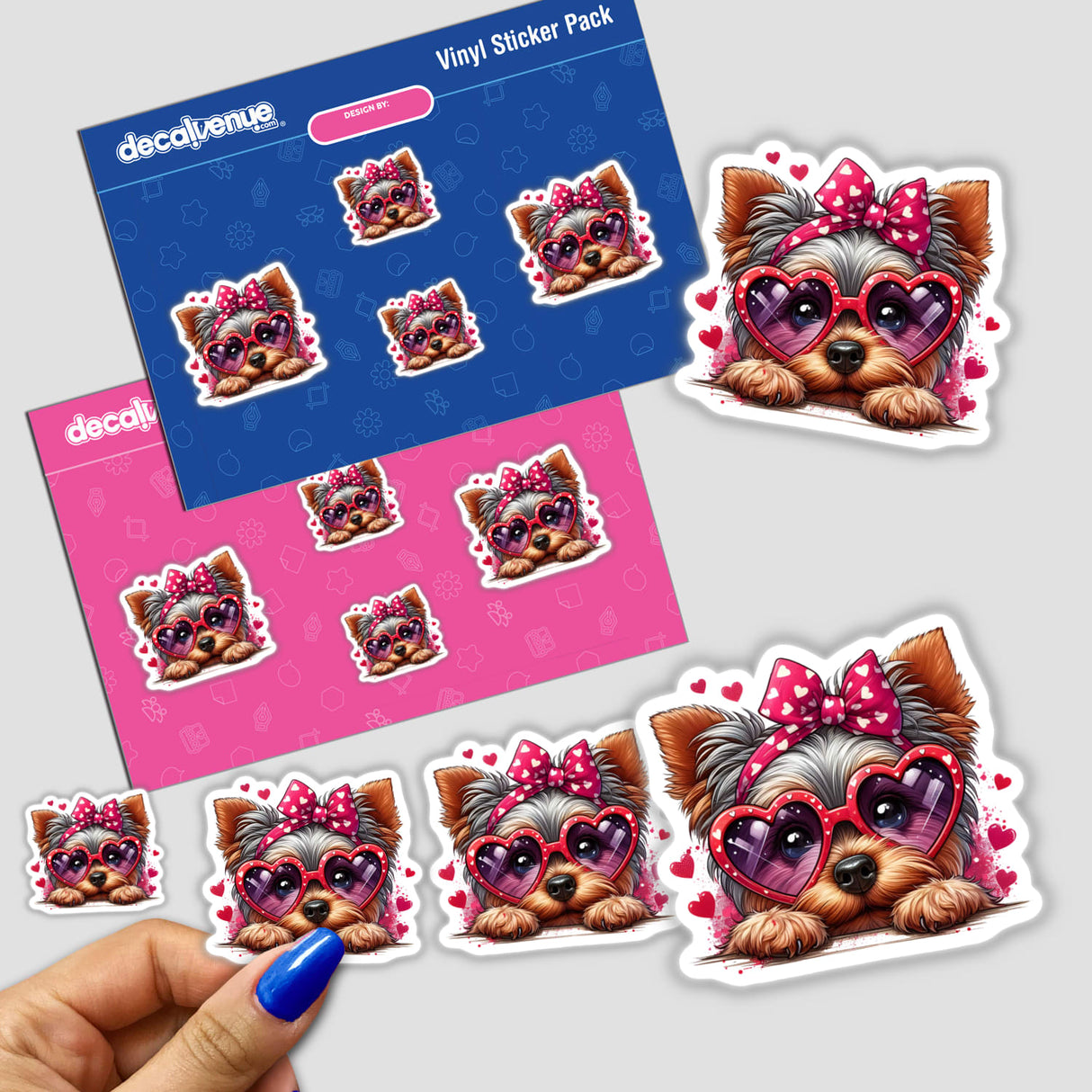 Peeking Valentine Yorkie sticker featuring a cute dog with heart-shaped glasses and a pink bow, capturing the playful essence of Decal Venue's unique vinyl sticker collection.