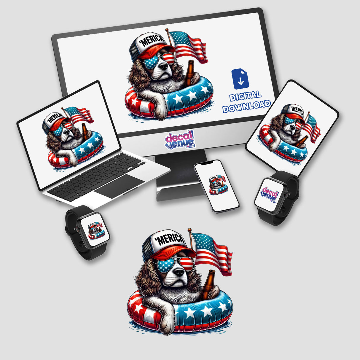 Computer monitor and laptop displaying Cocker Spaniel wearing sunglasses and hat with American flags, beer, and float. Available as Stickers or Digital Artwork titled Cocker Spaniel American Flag Float Merica.