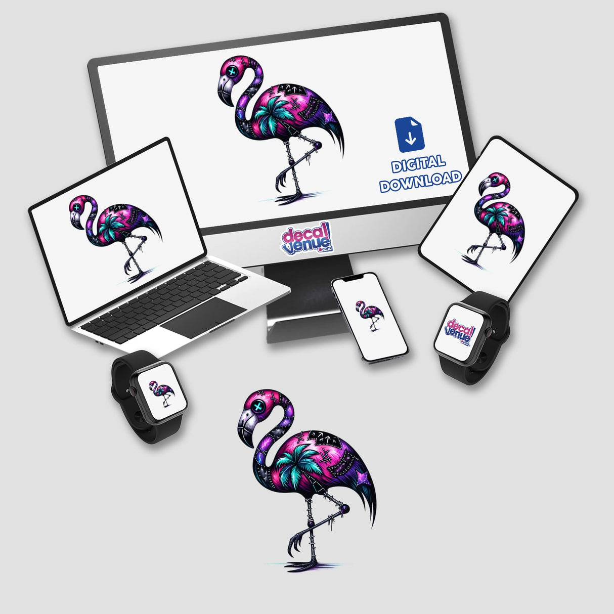 Gothic Flamingo digital artwork featuring a flamingo with palm trees displayed on various devices including a laptop, tablet, phone, and smart watch. Available as stickers or digital art.