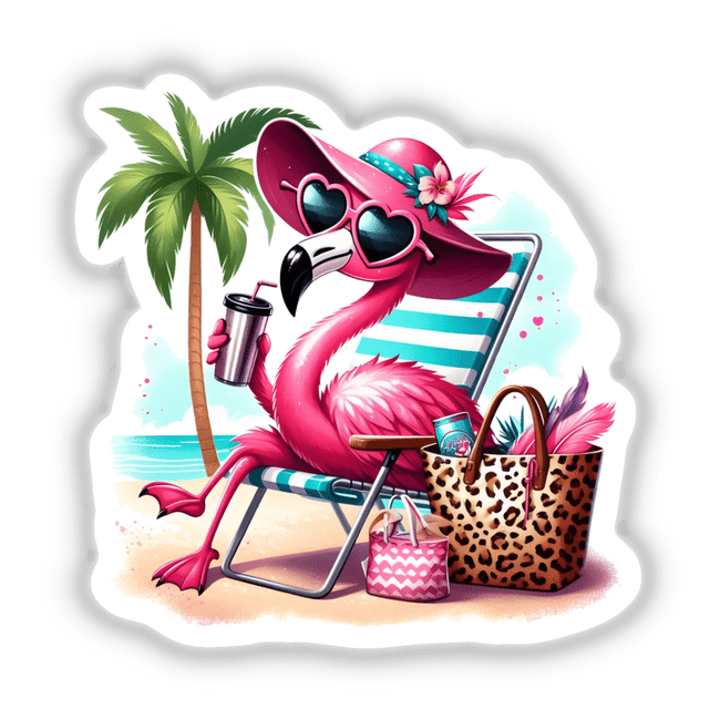 Sassy Leopard Accent Flamingo Bird at Beach II: A cartoon flamingo in sunglasses and a hat, lounging on a beach chair, available as stickers or digital artwork from Decal Venue.