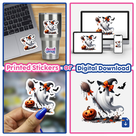 Cute Witch Ghost with Broom stickers and digital download featuring a cartoon ghost with a hat, broom, and pumpkin, displayed on a laptop and cup.
