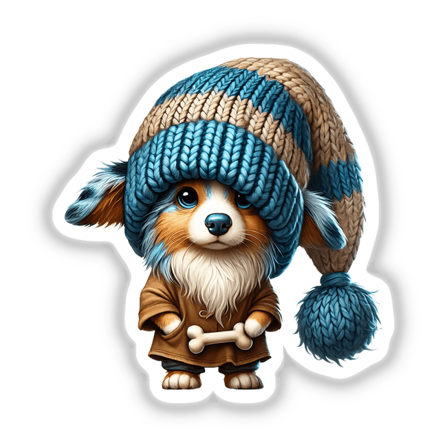 Cartoon Australian Shepherd gnome wearing a hat and coat, holding a dog bone. Available as stickers or digital artwork.