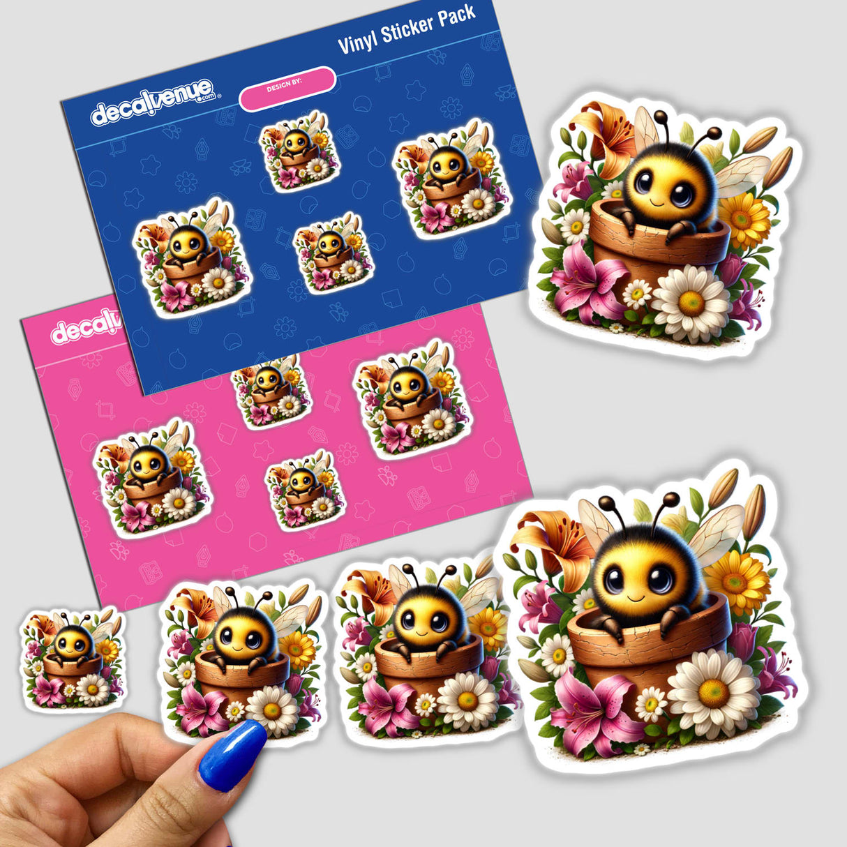 Cute bumblebee cartoon character peeking out of a flower pot surrounded by colorful floral stickers on a vinyl sticker pack from Decal Venue, an online store offering unique digital art and stickers.