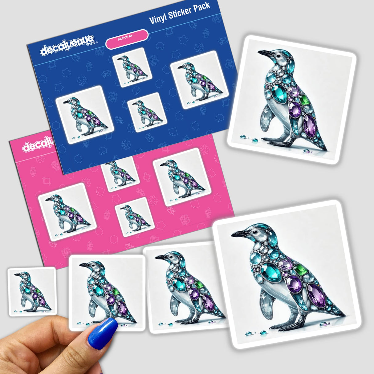 Penguin Jewels and Gemstones sticker showcasing a whimsical penguin adorned with sparkling gems, blending playful cartoon design with intricate details.