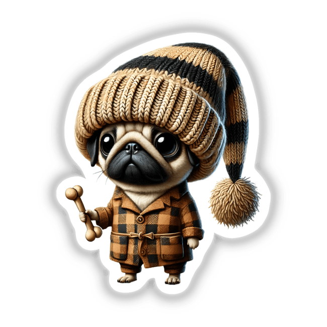 Cartoon of a Pug Gnome wearing a hat and coat, holding a bone. Available as stickers or digital artwork.