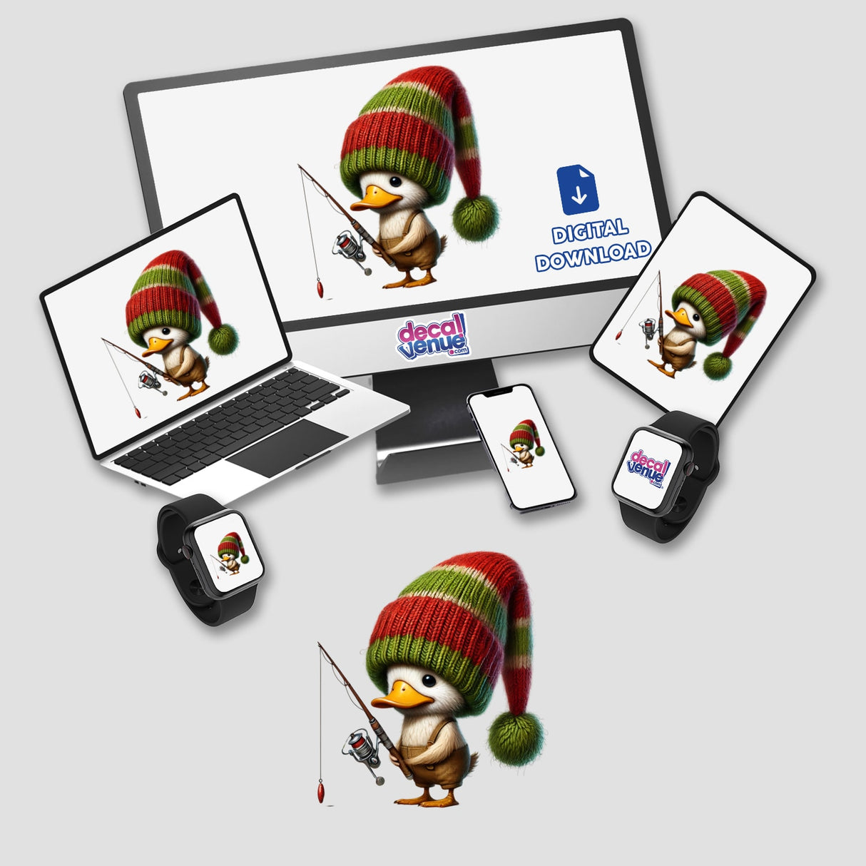 Duck Gnome Fishing digital artwork displayed on a computer monitor, laptop, tablet, and phone, showcasing a cartoon duck gnome holding a fishing pole, available as stickers or digital art.