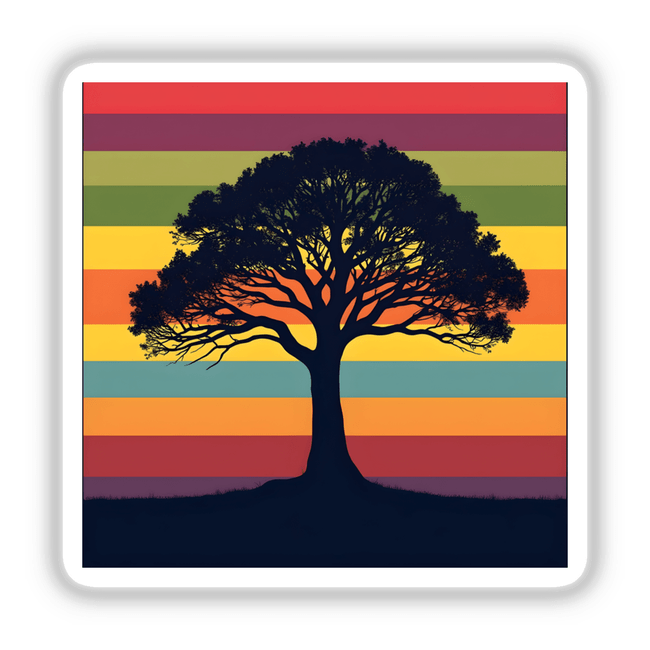 Tree of Life Silhouette with Bold Stripes featuring a striking tree silhouette against a vibrant, multicolored background, available as stickers or digital artwork.