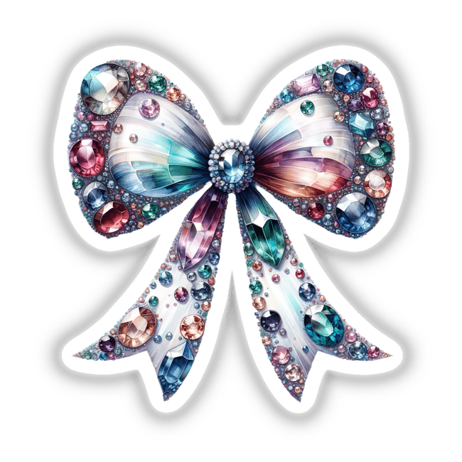 Coquette Bow Jewels and Gemstones: A digital artwork featuring a bow adorned with various gems, ideal for scrapbooking, crafting, or DIY projects from Decal Venue.