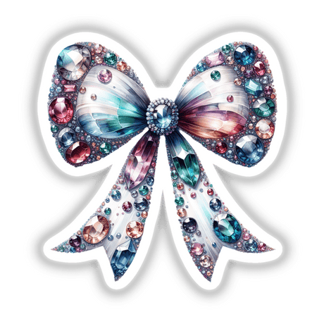 Coquette Bow Jewels and Gemstones: A digital artwork featuring a bow adorned with various gems, ideal for scrapbooking, crafting, or DIY projects from Decal Venue.