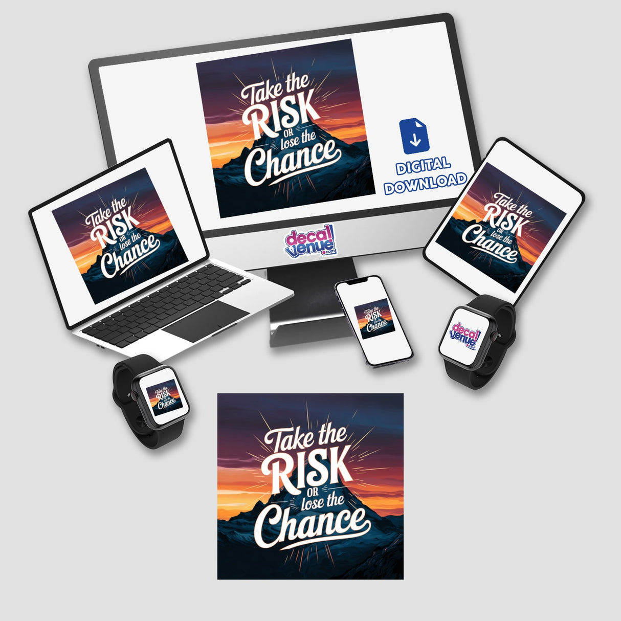 Take the risk or lose the chance displayed on a laptop screen amidst a setup of electronic gadgets, highlighting its availability as stickers or digital artwork from Decal Venue.