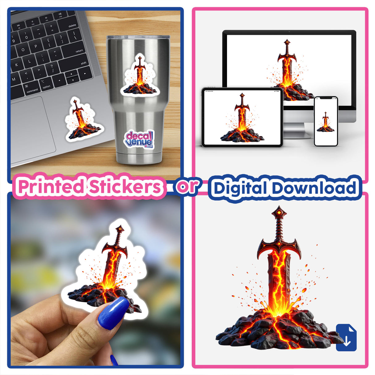 Molten Lava Sword digital artwork collage: includes stickers and digital versions, featuring a sword with erupting volcano, ideal for fantasy enthusiasts from DecalVenue's unique collection.