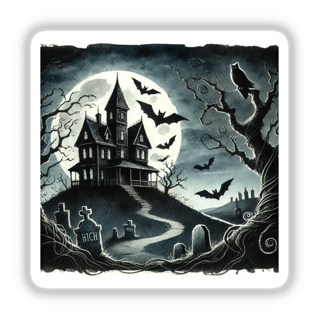 Spooky Night - Haunted House and Bats Watercolor: A black and white artwork featuring a haunted house, flying bats, a tree, and an owl silhouette, available as stickers or digital artwork.