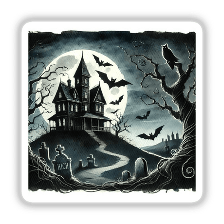 Spooky Night - Haunted House and Bats Watercolor: A black and white artwork featuring a haunted house, flying bats, a tree, and an owl silhouette, available as stickers or digital artwork.