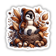 Cartoon of a penguin in a nest with leaves and acorns, titled Autumn Penguin in Cozy Sweater, available as stickers or digital artwork from Decal Venue.