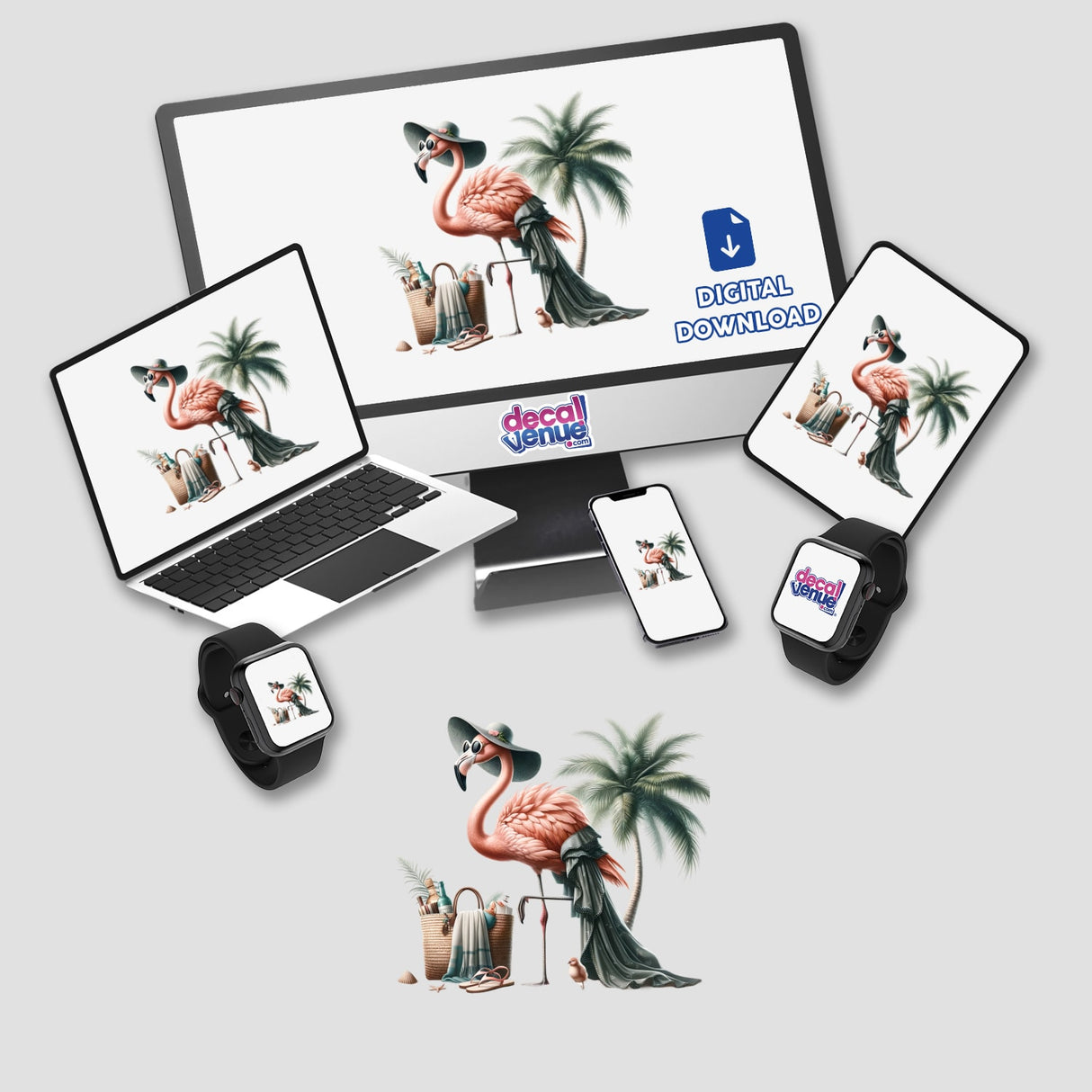 Flamingo Beach Fashionista: a vibrant digital artwork showing a flamingo in fashionable attire displayed on a computer monitor, laptop, tablet, smartwatch, and phone screens, available as stickers or digital art.