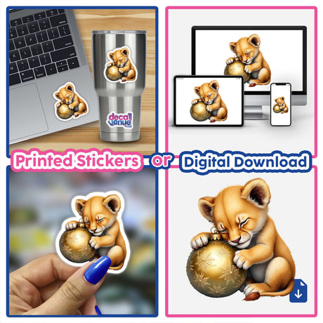 Baby Lion Sleeping on Christmas Ornament: A cartoon lion cub cozily holds a gold ornament, available as a sticker or digital artwork from Decal Venue.