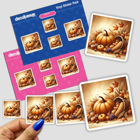 A hand holds a sticker pack titled Harvest Glow - Thanksgiving Pumpkin and Cornucopia, featuring a painted pumpkin, cornucopia, and autumn fruits. Available as stickers or digital artwork.