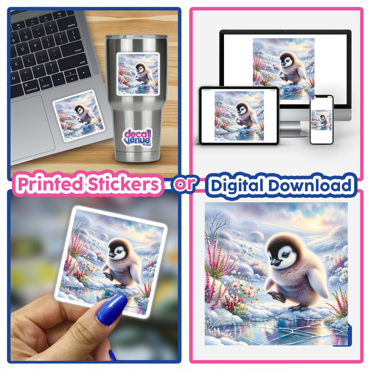 Penguin Chick in a Snowy Landscape Watercolor Illustration displayed as both a sticker on a laptop and digital artwork, capturing a charming baby penguin amidst snow, reflecting Decal Venue's unique art style.