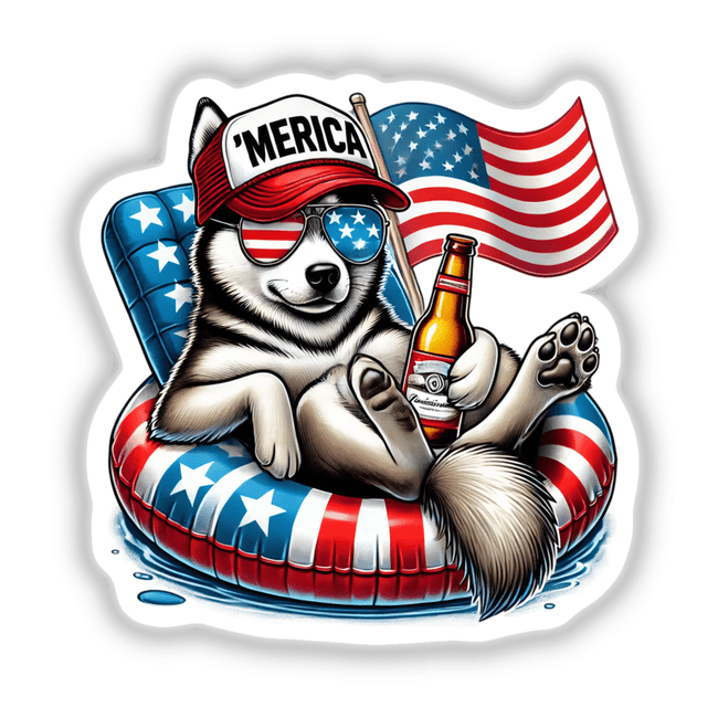 Patriotic Siberian Husky wearing 'Merica cap, enjoying American flag-themed inner tube with bottle