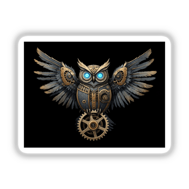 Mechanical Steampunk Owl with Glowing Eyes and Gear Accents, showcasing intricate metalwork and vivid blue eyes, available as unique stickers or digital artwork from Decal Venue.