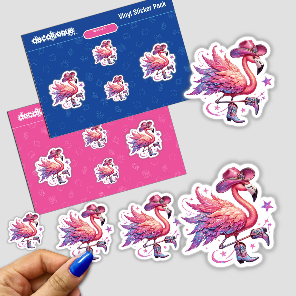 Two Stepping Country Cowboy Flamingo depicted as either a vinyl sticker or digital artwork, showcasing a whimsical flamingo in cowboy gear, embodying Decal Venue's unique artistic flair.