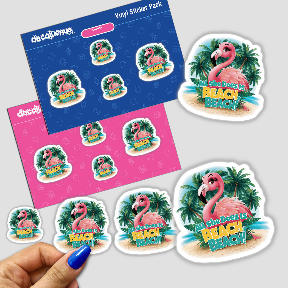 Colorful vinyl stickers featuring a pink flamingo and tropical beach scene. The sticker pack includes several designs showcasing the flamingo bird surrounded by palm trees and a beach backdrop. The product placement in the image displays the sticker pack packaging along with close-up views of the individual vinyl stickers.