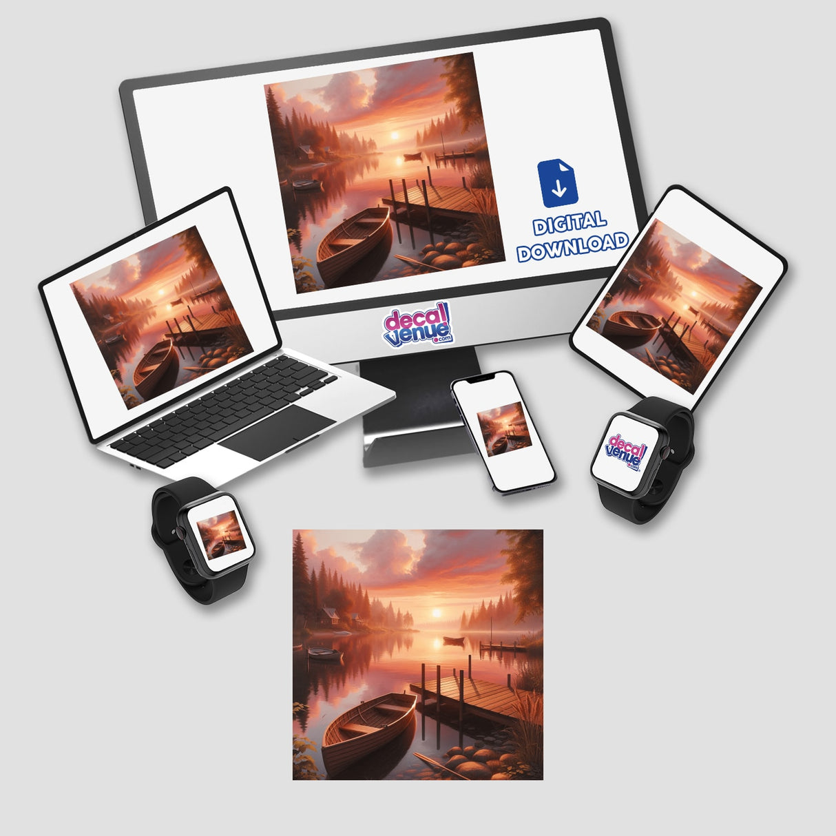 Lake Scene with Boats and Dock During Sunset on a laptop screen, alongside a smartwatch and cellphone displaying similar imagery, available as stickers or digital artwork from Decal Venue.