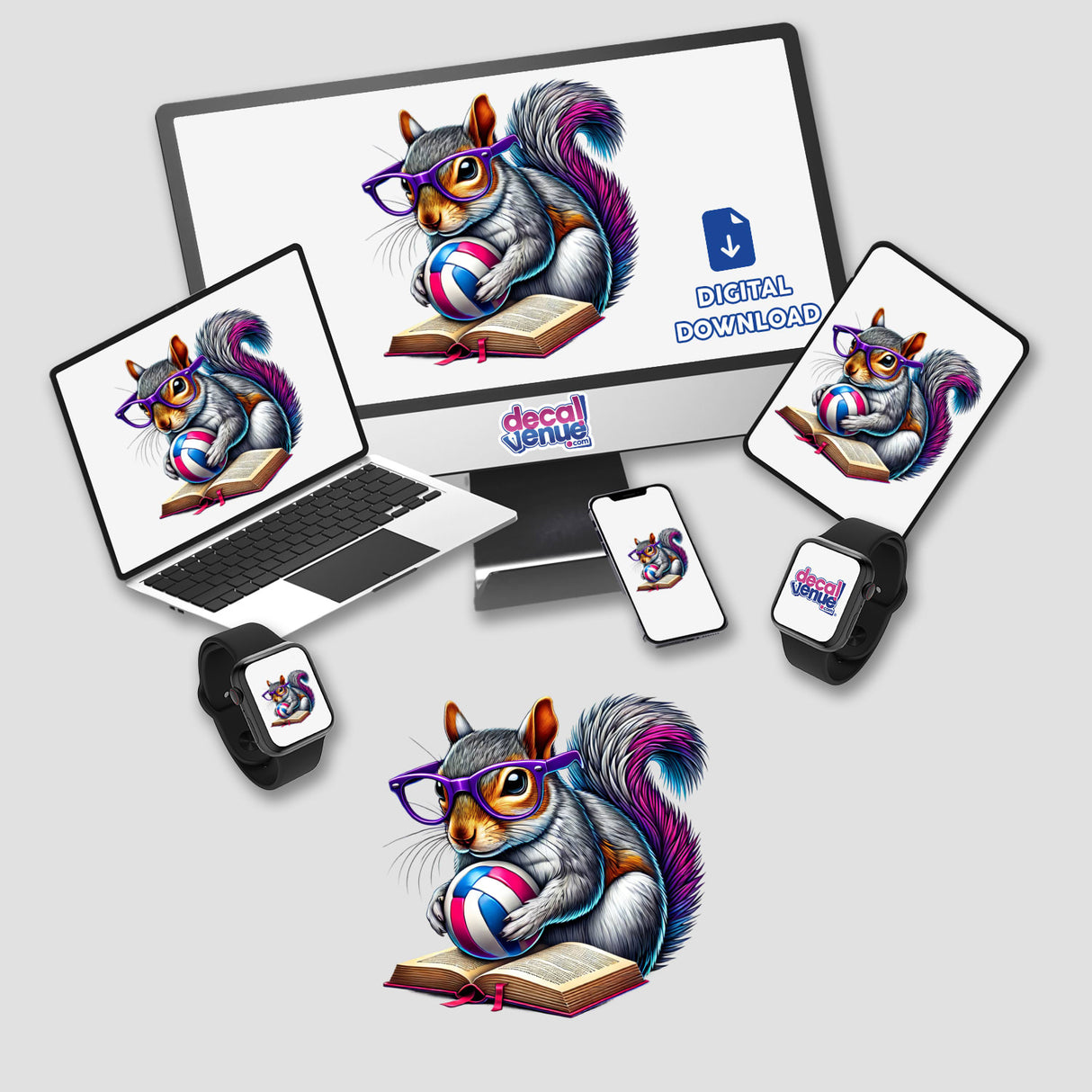 Squirrel Reading a Book with Purple Glasses and Volleyball, depicted on a computer monitor and laptop, available as stickers or digital artwork from Decal Venue.