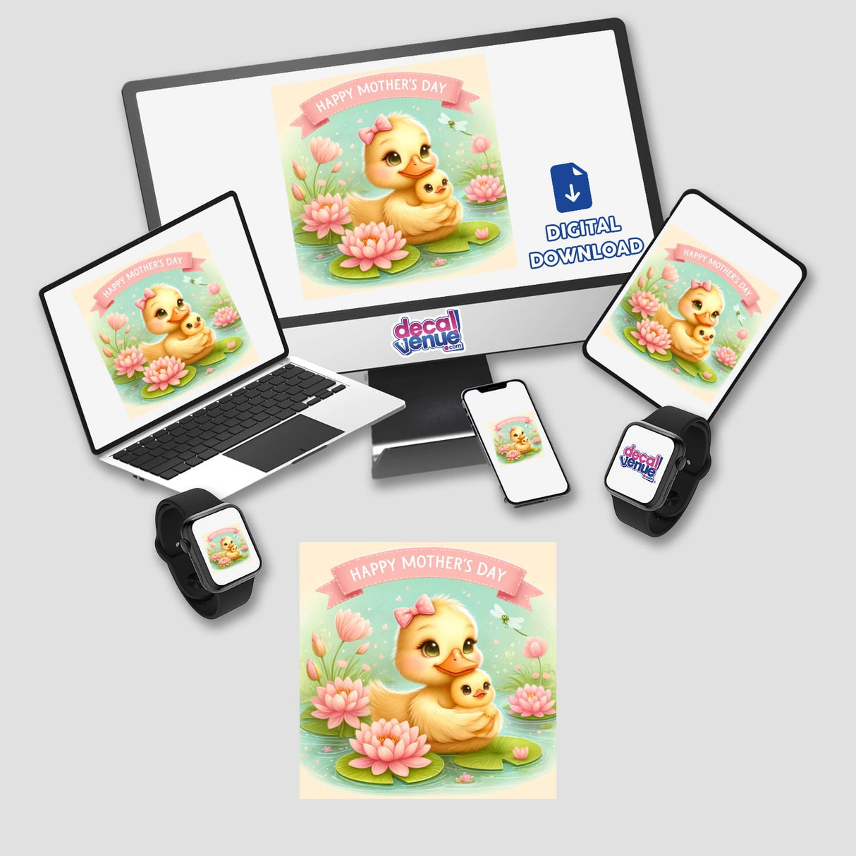 Mothers Day Ducklings with Water Lilies depicted on a computer monitor and laptop, featuring cartoon ducklings surrounded by flowers, available as stickers or digital artwork.