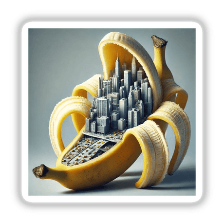 Urban Jungle Cityscape Inside a Banana: An imaginative artwork featuring a detailed cityscape seamlessly integrated within a banana. Available as stickers or digital artwork from Decal Venue.