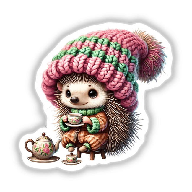 Hedgehog Gnome Drinking Tea: A cartoon hedgehog in a knitted hat holding a floral teapot, available as stickers or digital artwork.