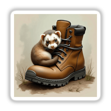 Ferret on Worn Hiking Boot: A ferret affectionately hugging and peeking out from a rugged hiking boot, available as unique stickers or digital artwork from Decal Venue.