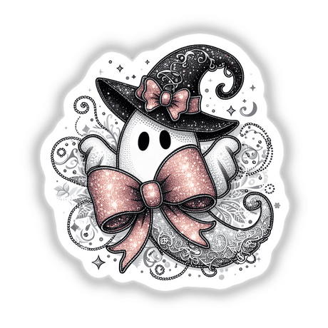 Fancy Friendly Ghost w/ Pink Bow: Cartoon ghost illustration with a hat and bow, available as stickers or digital artwork from Decal Venue.