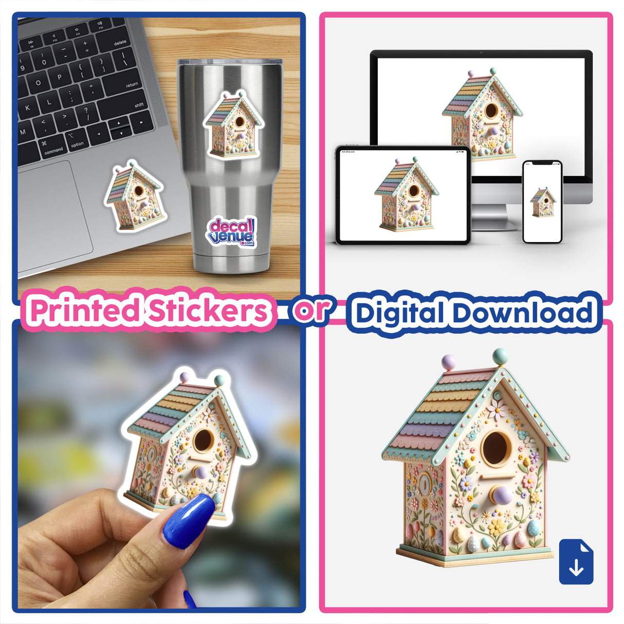 Colorful Hand-Painted Easter Birdhouse collage featuring whimsical birdhouses, stickers, and digital download options, highlighting hand-painted designs ideal for spring decor and versatile use.