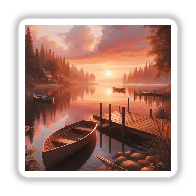 Lake Scene with Boats and Dock During Sunset: A serene painting depicting boats on a calm lake, bordered by a wooden dock, under a sunset sky. Available as stickers or digital artwork.