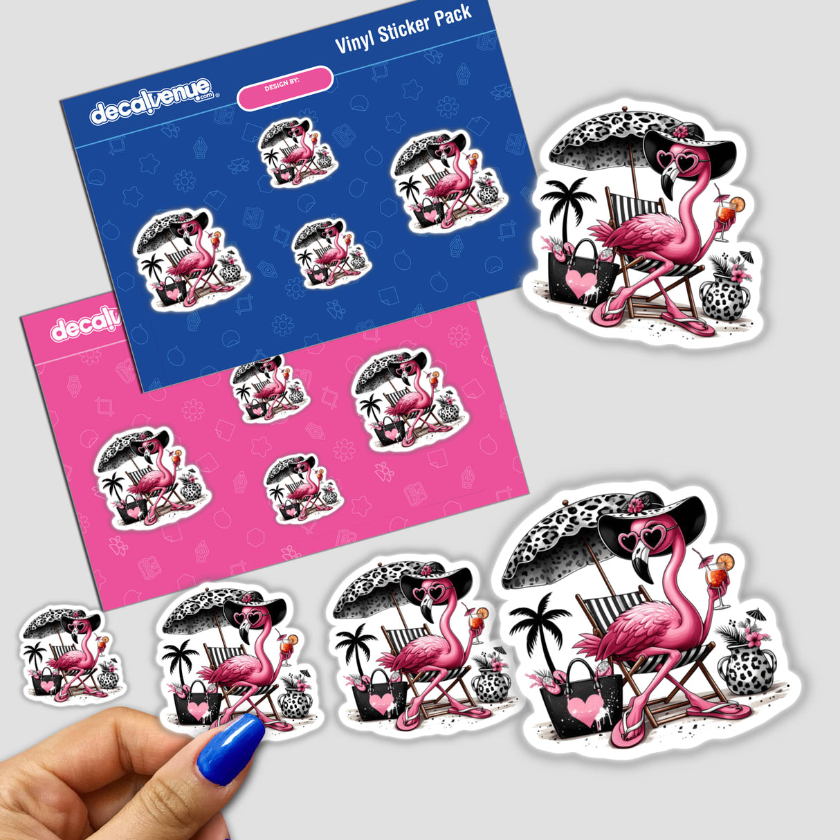 Sassy Flamingo Sitting Under Black Leopard Beach Umbrella sticker pack featuring cartoon flamingos lounging on chairs, highlighting unique vinyl designs from Decal Venue's collection.