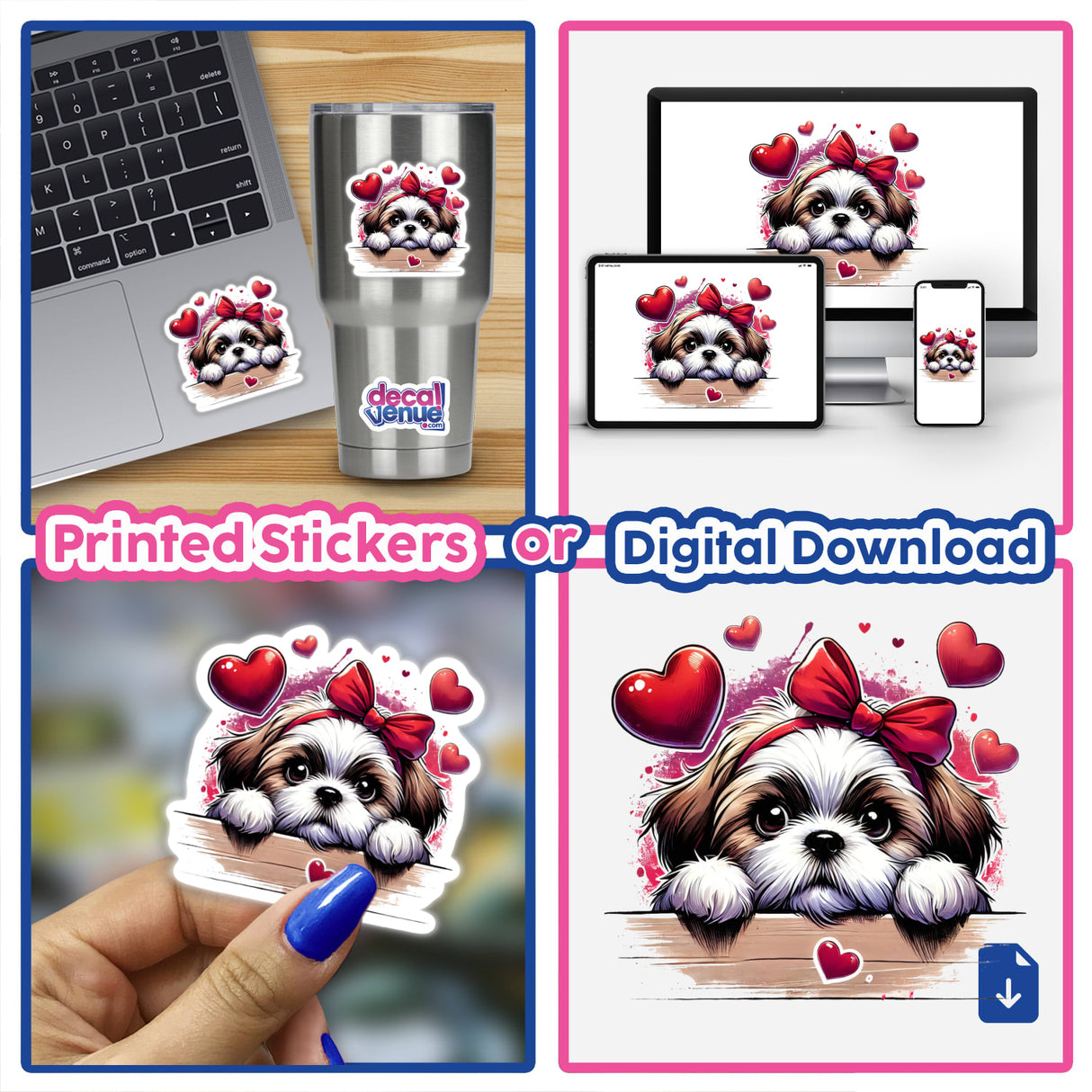 Peeking Valentine Shih Tzu Dog Splash stickers feature a charming dog with a bow surrounded by hearts, perfect for laptops or digital art, embodying Decal Venue's unique vinyl sticker offerings.