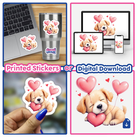 Sleeping Puppy with Heart Balloons sticker, featuring a cute puppy surrounded by whimsical heart balloons, perfect for adorning laptops or notebooks with a touch of charm and warmth.