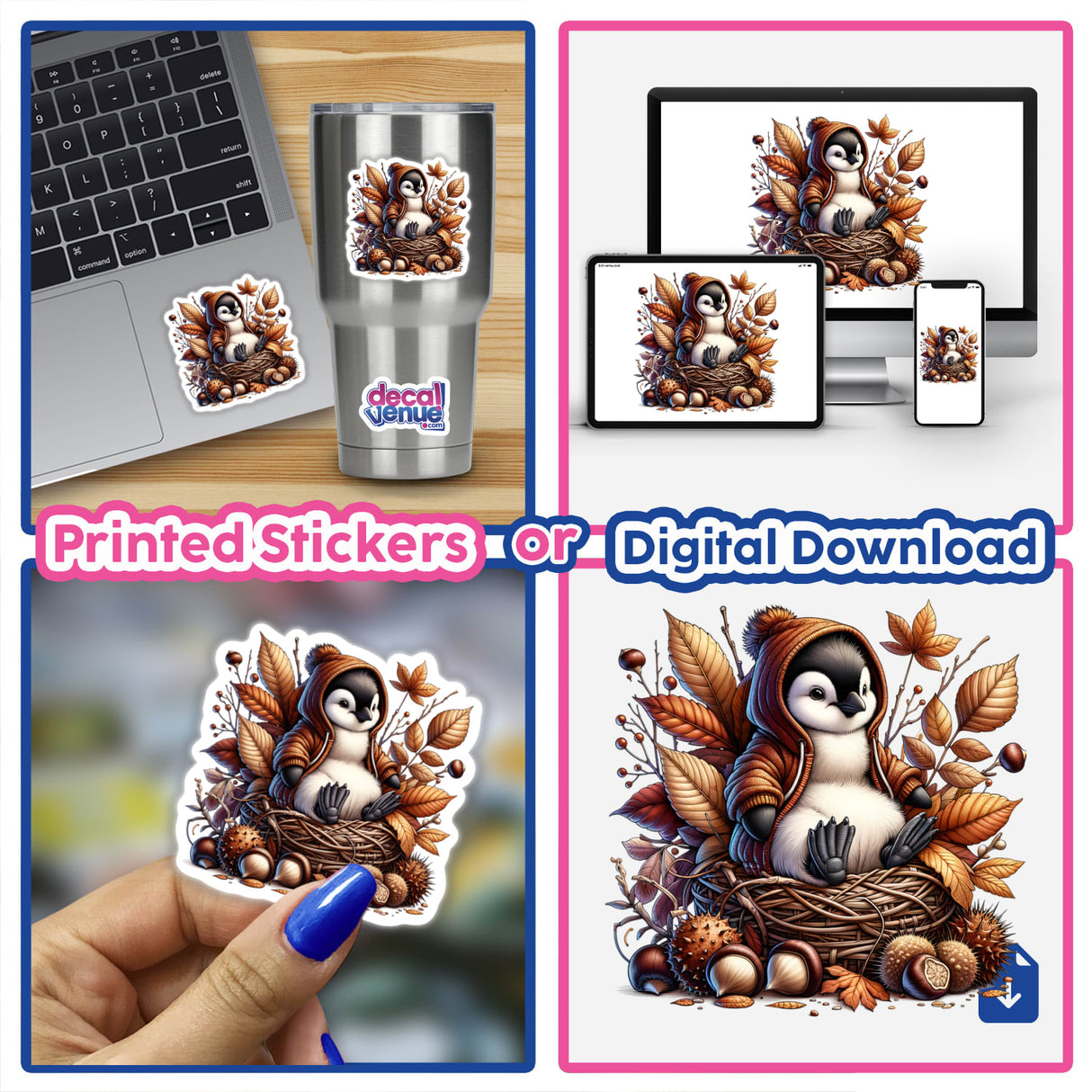 Collage featuring the Autumn Penguin in Cozy Sweater sticker on a laptop, a hand holding the sticker, and digital artwork of the penguin available from Decal Venue.