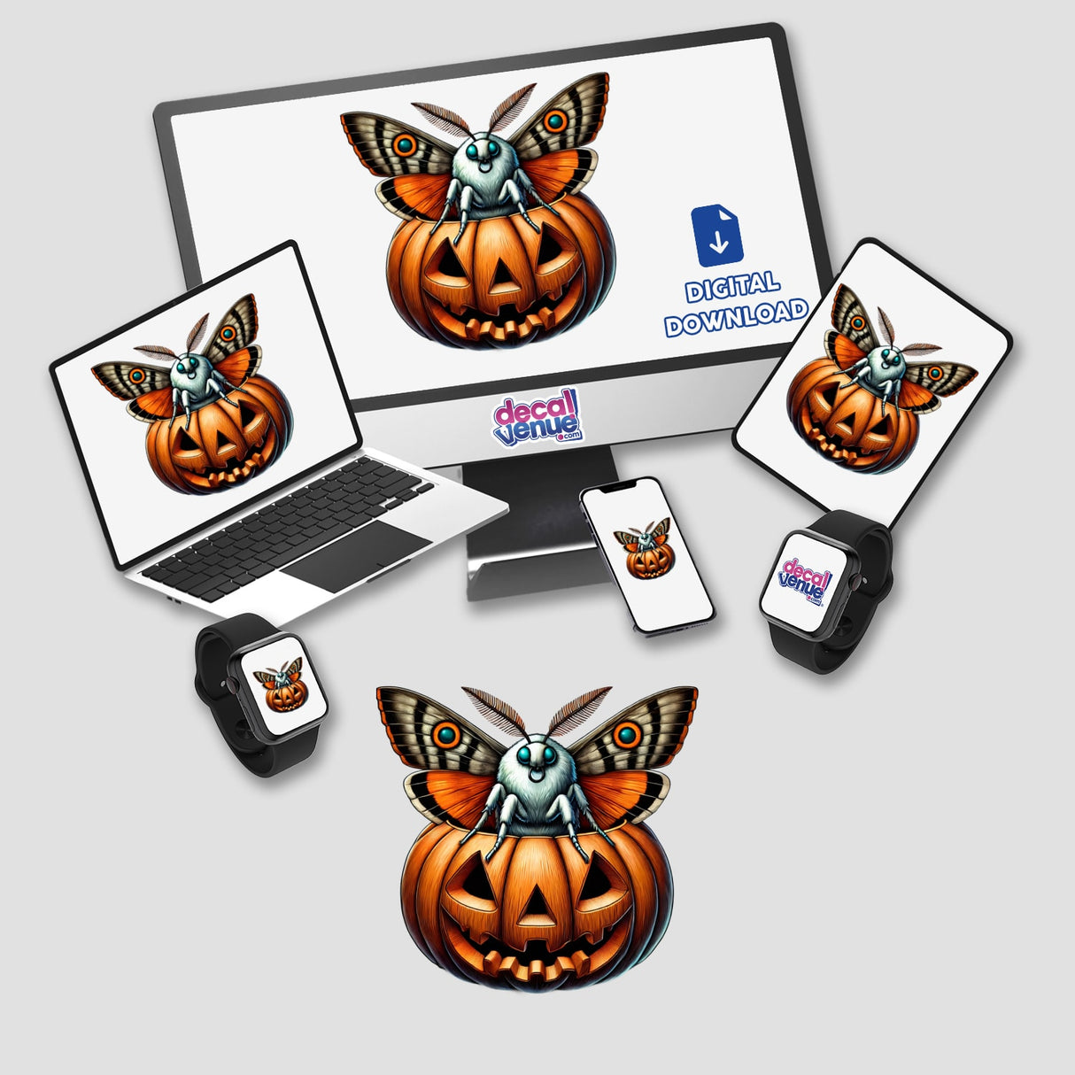 Digital artwork of a Halloween moth peeking out from a carved pumpkin, featured across various digital devices including a laptop, smartphone, and smart watch. The Decal Venue brand logo is prominently displayed, highlighting the store's collection of custom stickers and digital art.