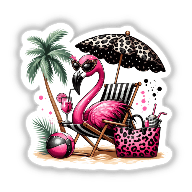 Sassy Flamingo Sitting Under Leopard Beach Umbrella, featuring a cartoon flamingo lounging in a chair with a beach bag and a palm tree, available as stickers or digital artwork.