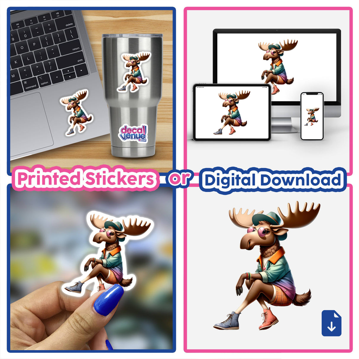 Moose in Fashionable Clothing stickers or digital artwork: collage of cartoon moose images, some with accessories, available as unique decals from Decal Venue.