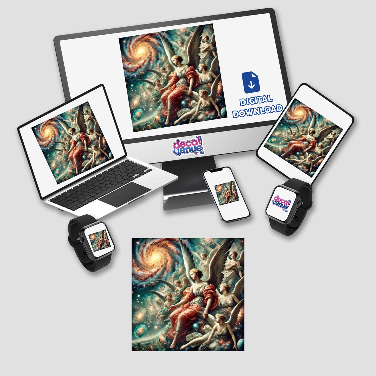 Celestial Baroque - Angels with Cosmic Backdrops displayed on a computer and laptop screen, showcasing intricate angelic artwork available as stickers or digital art.