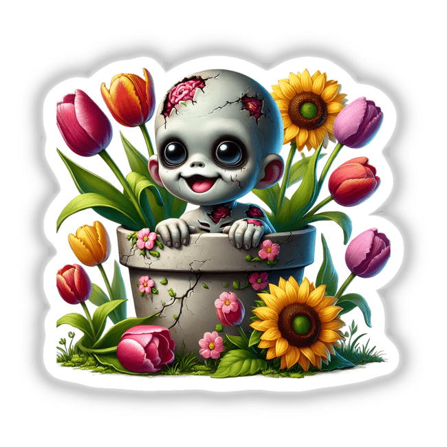 Zombie Peeking Out of Flower Pot sticker or digital artwork featuring a cartoon baby zombie emerging from a flower pot surrounded by vibrant flowers.